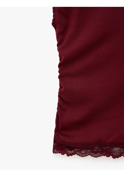Koton Dantel Detaylı Asimetrik Bisiklet Yaka Slim Fit Kısa Kollu Tişört Bordo 7wal10347ık