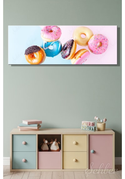 Pembe, Mavi, Çikolatalı Ve Sade Renkli Glazürlü Ve Granüllü Donut'lar Yatay Kanvas Tablo 4042 Çok Renkli