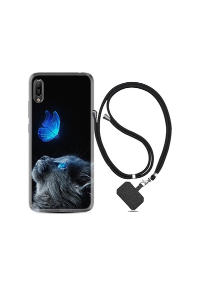 Huawei Y6 2019 Kılıf Resimli Desenli Silikon Boyun Askılı Butterfly Cat 1891