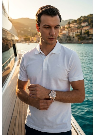 Süvari Slim Fit Düz Baskısız Pike Düğmeli Polo Yaka Nefes Alabilen T-shirt Beyaz