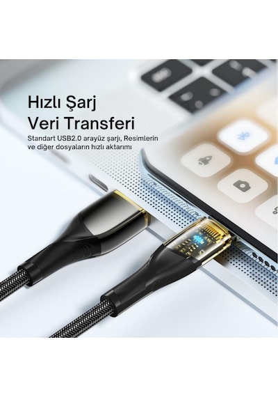 Essager 1 Metre 7a 100w Led Işıklı Süper Hızlı Usb To Type C Şarj Data Kablosu, Akım,ısı, Güçlü Kablo