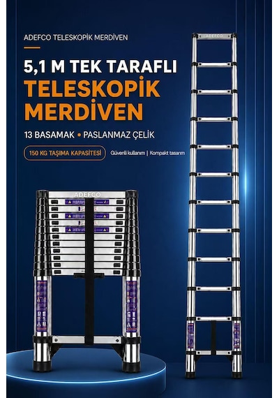 13 Basamak Paslanmaz Çelik Teleskopik Merdiven 5.1 Metre Katlanabilir Uzayan Merdiven -