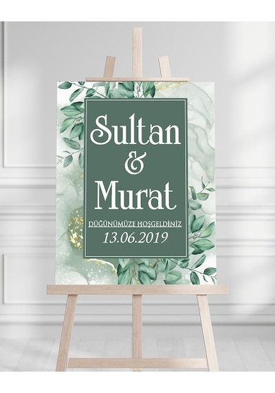 Söz Nişan Düğün İçin 50x70 Karşılama Panosu - Yeşil Çiçek Temalı Beyaz
