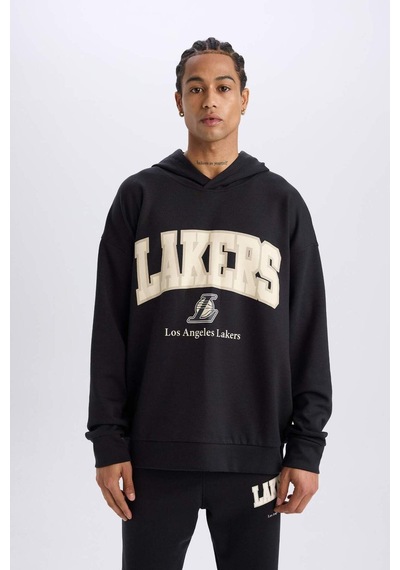 DeFactoFit NBA Los Angeles Lakers Oversize Geniş Kalıp Kapüşonlu Skuba Dalgıç Kumaş Sweatshirt D6709AX25SPBK82