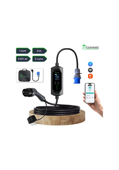 Coswatt Taşınabilir EV Şarj Cihazı CS-P1-32A / 7.4kW / 5m / Türkçe / 220V AC / Tip-2 / 3x32A CEE / Ev Tipi Dönüştürücü / Çanta Coswatt Taşınabilir EV Şarj Cihazı CS-P1-32A / 7.4kW / 5m / Türkçe / 220V AC / Tip-2 / 3x32A CEE / Ev Tipi Dönüştürücü / Çanta