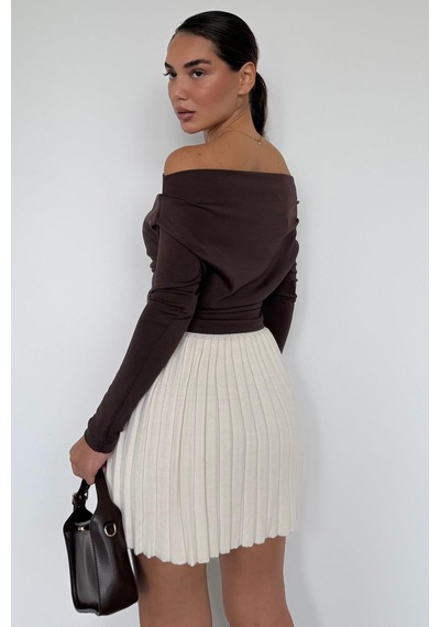 Seeh Kahverengi Kadın Off Shoulder Uzun Kollu Bluz Sh327