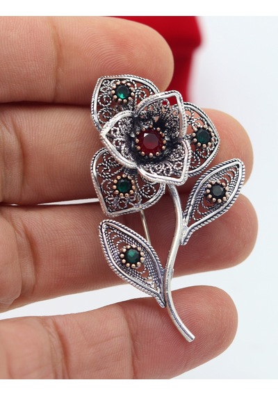 Yakut Ve Zümrüt Taşlı Zambak Model Telkari Gümüş Kadın Broş 201025413 Gümüş