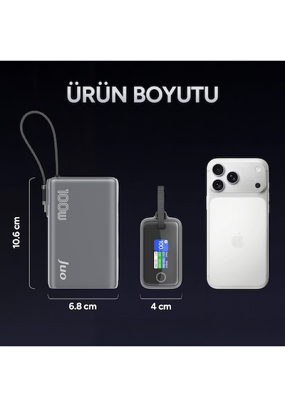 Juo 25000mah 100w Led Ekranlı Type-c Kablolu Powerbank Usb-a + Usb-c Apple Uyumlu Macbook Notebook Telefon Taşınabilir Pd Hızlı Şarj Cihazı Gri