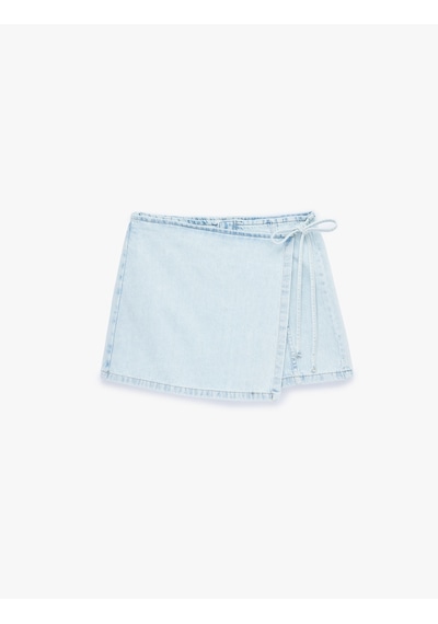 Koton Bağcık Detaylı Pamuklu Mini Denim Şort Etek Bleach 6sal40002md Açık Mavi