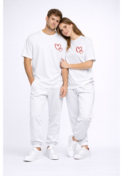Sevgili Kombini Kalp Baskılı Oversize Çift Tişört Unisex Uyumlu P Beyaz