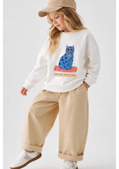 Monila Kız Çocuk 3 İplik Kumaş Pamuklu Kedi Baskılı Sweatshirt Ekru
