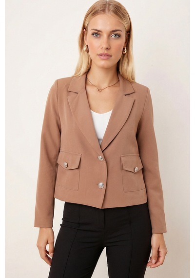 Armonika Kadın Koyu Vizon Erkek Yaka Kare Cepli Crop Ceket Arm-26k001026