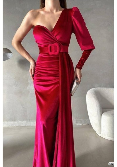Lior Design Kadın İnce Kadife Kumaş Tek Omuz Kemerli Maxi Abiye Elbise Kırmızı