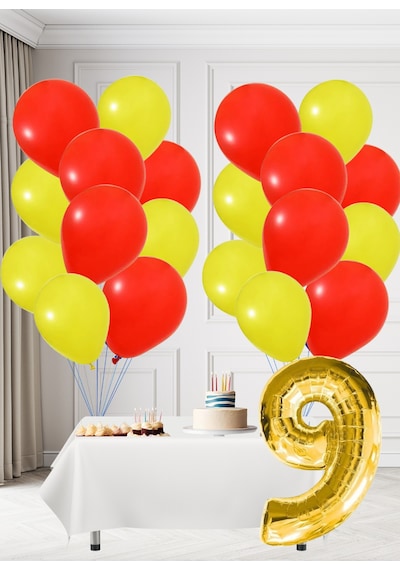9 Yaş Sarı Kırmızı Taraftar Temalı Doğum Günü Seti Sarı Kırmızı Balonlar Altın Folyo Rakam Sarı