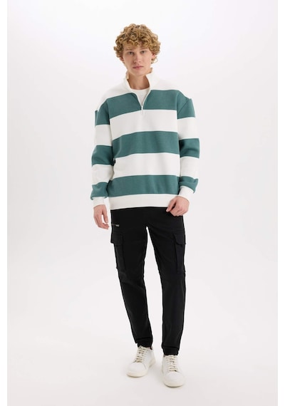 DeFacto Boxy Fit Dik Yaka Yarım Fermuarlı Çizgili Sweatshirt C7045AX24AUGN469 Yeşil