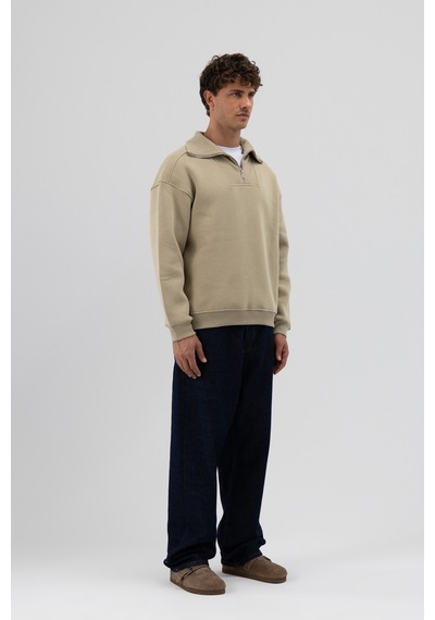 Vamos Basic Fermuarlı Dik Yaka Sweatshirt Haki