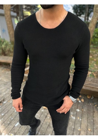 Elku Moda Kazak Örme Tüylenmez Naturel Pamuk Kazak Slim Fit Triko Dar Kesim Body Kazak Siyah
