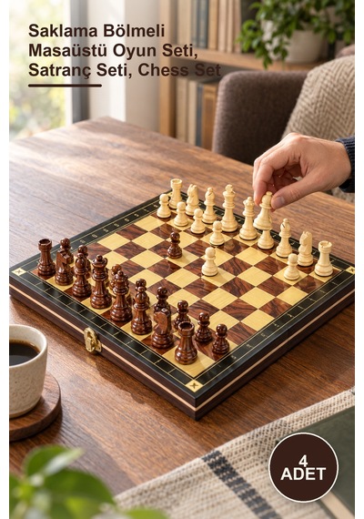 4 Adet Ahşap Mıknatıslı Hazneli Satranç Takımı Saklama Bölmeli Masaüstü Oyun Seti, Satranç Seti, Chess Set