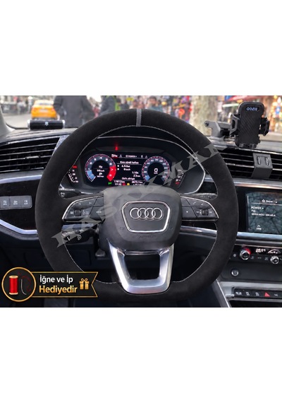 Audi Q3 Dikme Direksiyon Kılıfı Full Alcantara Süet Gri Yüzük Ve Gri Dikiş 2018-2026 Siyah