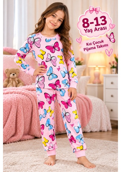 Üç Gül Ticaret Kız Çocuk 8-13 Yaş Kelebek Desenli Pijama Takımı Pamuklu Kumaş Pembe