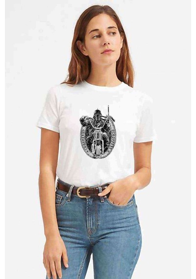 Motorsiklet Choppers Baskılı Beyaz Kadın Tshirt