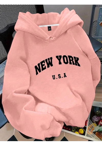 Startmore Reshift Plus Size Women's Slogan Letter 'new York Usa' City Name Graphic Print Thermal Drawst Çok Renkli