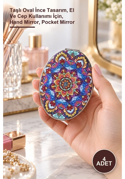 4 Adet El Aynası Taşlı Oval İnce Tasarım, El Ve Cep Kullanımı İçin, Hand Mirror, Pocket Mirror Genel