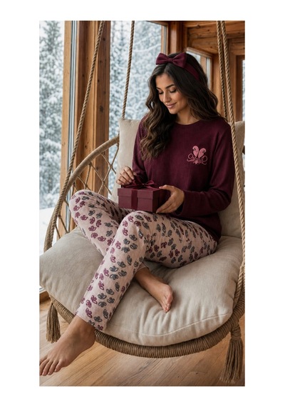 Pemilo Kadın 8811-3 Berlin Uzun Kol Sıfır Yaka Pijama Takım Bordo