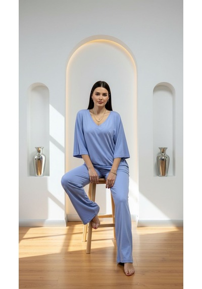 Divinus Bol Kesim V Yaka Yarım Kollu Pijama Takımı Mavi