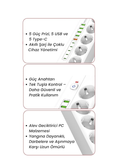 Pro P13 3000w Akım Korumalı 5 Girişli Type-c Ve Usb Girişli Uzatmalı Grup Priz 0.2 M
