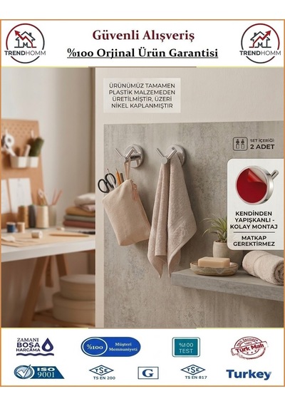 Trendhomm İkili Pvc Mutfak Banyo Havlu Askılığı - Yapışkanlı - 2 Adet Krom