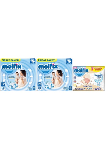 Molfix Bebek Bezi Beden:2 3-6 Kg Mini 160 Adet + 3 Adet Mendil 2 Numara
