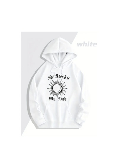 Nevermind Sevgili Kombini Oversize Hoodie Güneş Ve Ay Baskılı 3 İplik Uni Beyaz