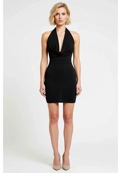 Benerly Kadın Kolsuz Degaje Yaka Bodycon Mini Plaj Elbisesi Mikro Örme El Siyah