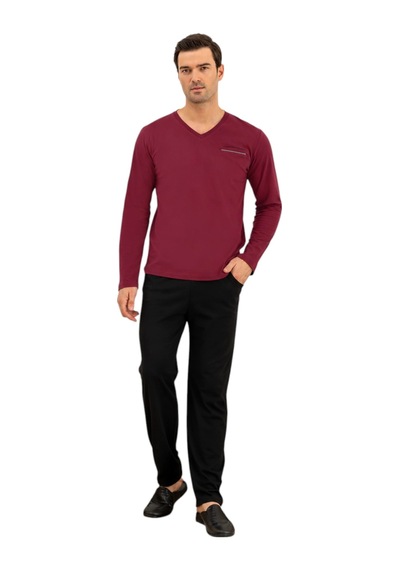 Elitepoint 1251 Erkek V-yaka Kışlık Pijama Takım Vişne
