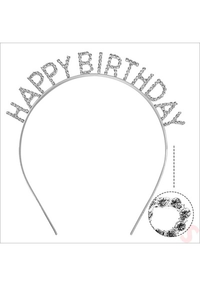 Gümüş Kristal Taşlı Happy Birthday Doğum Günü Tacı İthal Ürün A Kalite 17x16 Cm Açık Mavi