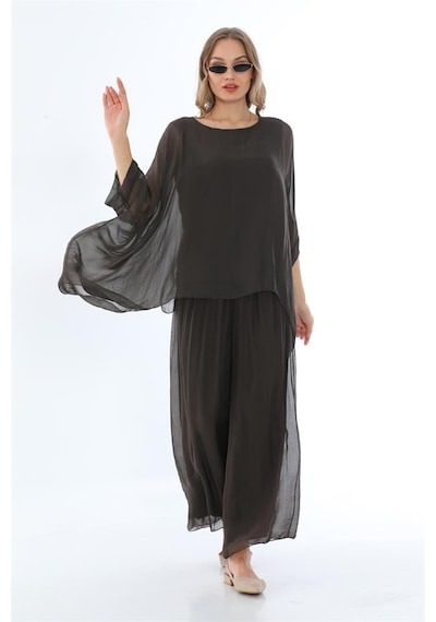 Bohem Stil İtalyan Yarasa Kol İpek Bluz & Pantolon Takım-8767 Kahverengi