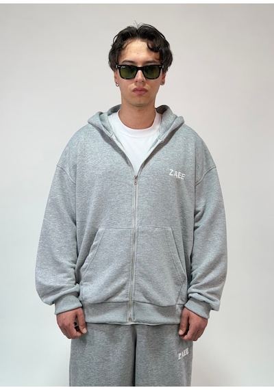 Zaee İnce Kumaş Nakışlı Oversize Premium Zip Hoodie Gri