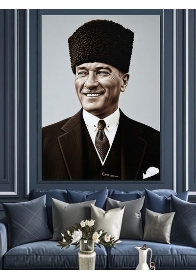 Atatürk Gülümseyen Siyah Beyaz Dekoratif Kanvas - Mdf Ahşap Tablo