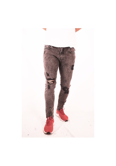 Koyu Mavi Yırtık Ve Fermuarlı Dar Paça Detaylı Slim Fit Jeans Mavi