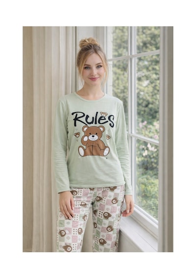 Rindahomewear Kadın Rules Ayıcık Baskılı Süprem Uzun Kol Pijama Takımı Haki