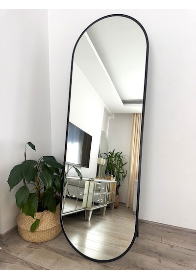 Effe Siyah Metal Çerçeveli 180x60 Cm Elips Model Ayaklı Boy Aynası