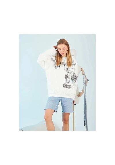 Kadın Oversize Kapüşonlu Baskılı 3 İplik Pamuklu Hoodie Sweatshirt - B Siyah
