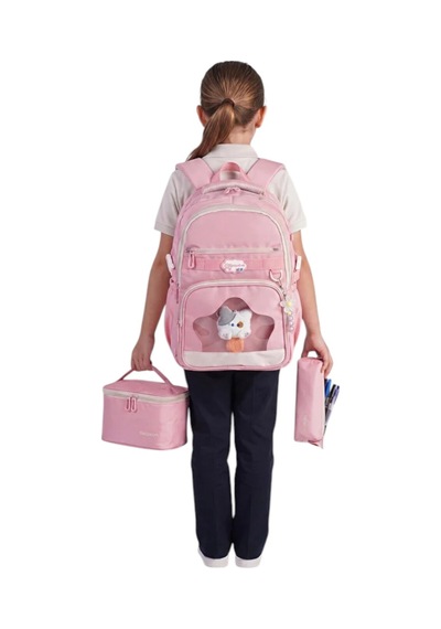 Relaxion 1920 İlkokul Kız Çocuk Pembe Ergonomik Okul Çantası 3'lü Set Beslenme Çantalı Kalemlikli Pembe Pembe