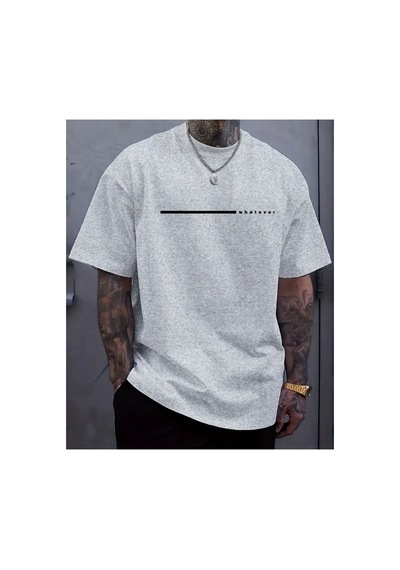 Medinenur Whatever Yazı Detaylı Basic T-shirt Gri