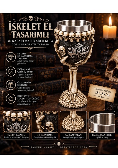 İskelet El Tasarımlı 3d Kabartmalı Paslanmaz Çelik Kadeh Kupa Gotik Dekoratif Tasarım Çok Renkli