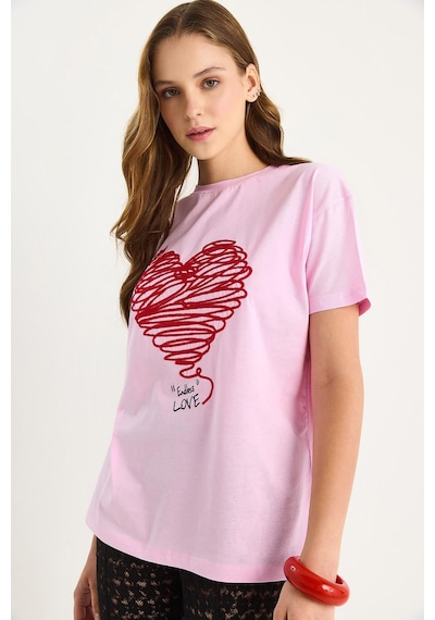 Shade Kadın Pamuklu Kısa Kollu Bisiklet Yaka Kalp Nakışlı T-shirt 60602028 - Pembe