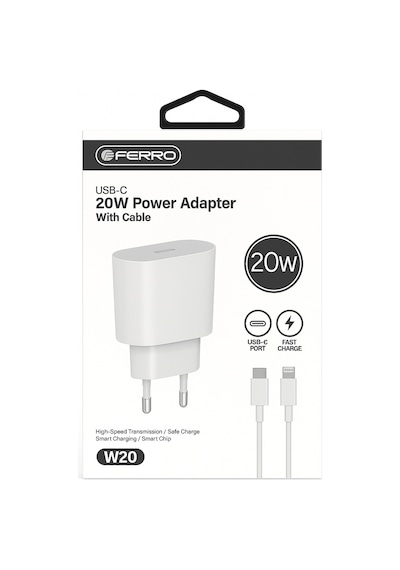 Ferro W20 Apple Uyumlu iPhone Tüm Modeller İçin Hızlı Şarj Aleti Set 20w Adaptör & Usb-c Kablo