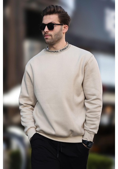 Madmext Bej Bisiklet Yaka Şardonlu Erkek Sweatshirt 7047-bej Bej