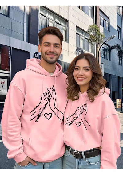 Nevermind Sevgili Çift Kombin Hoodie Set Kalp Ve Eller Baskılı Unisex Overs Pembe